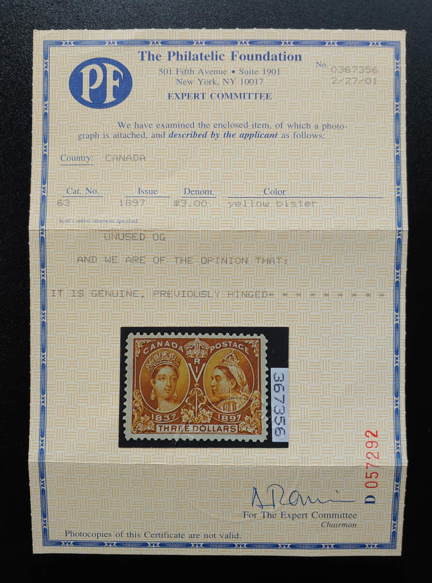 Canada #63 F/VF Mint 1897 $3 Jubilee, 2001 PF Cert. $1200+