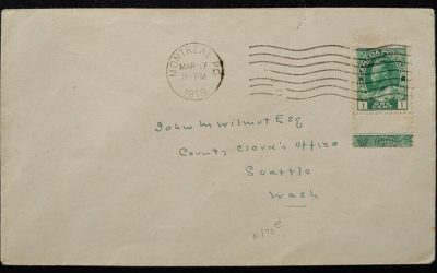 Canada #104LW 17 Mar 1919 1c Lathework Admiral Cover