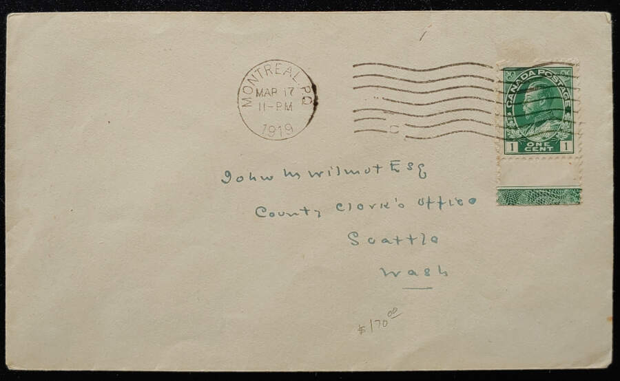 Canada #104LW 17 Mar 1919 1c Lathework Admiral Cover, stamp flt