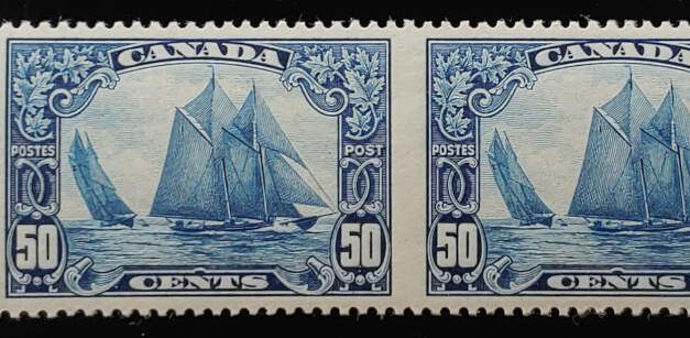Canada #158b VF 1 NH 1929 50c Bluenose Perf by Imperf Pair
