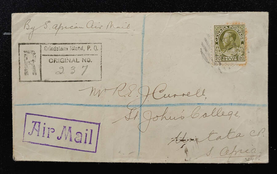 Canada #119 6 May 1930 20c Registered Air Cover to S. Africa, foxed
