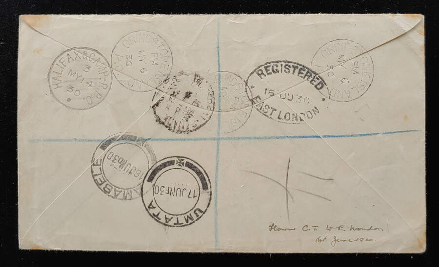 Canada #119 6 May 1930 20c Registered Air Cover to S. Africa, foxed