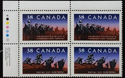 Canada #1250a VFNH 1989 38c Regiments UL Plate Block (4)