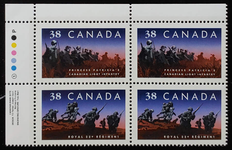 Canada #1250a VFNH 1989 38c Regiments UL Plate Block $250 (4)