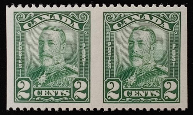 Canada #150d VF Mint 1929 2c Scroll Perf by Imperf Pair