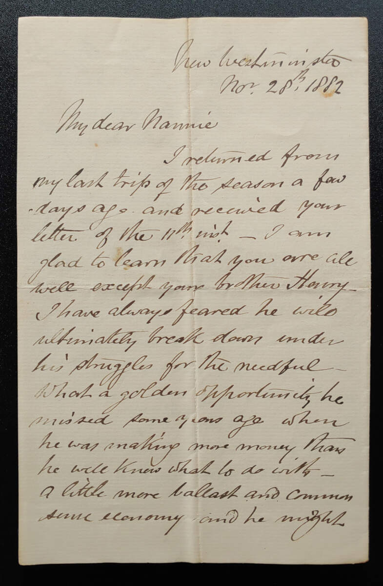 New Westminster, B.C. 28 Nov 1882 3-pg Marcus Smith letter to his wife