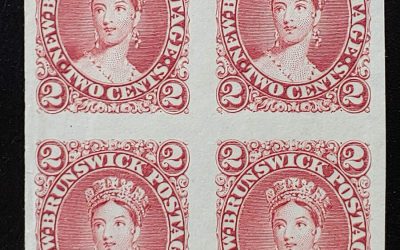 New Brunswick #7TC VF 1863 2c Rose Trial Colour Plate Proof Block