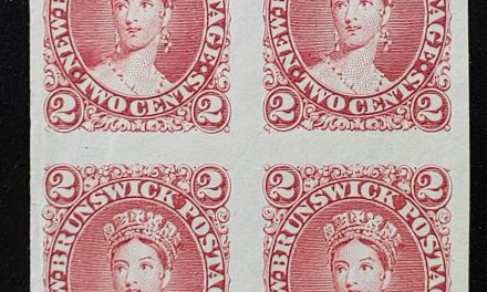 New Brunswick #7TC VF 1863 2c Rose Trial Colour Plate Proof Block