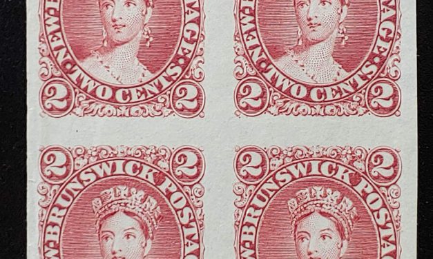 New Brunswick #7TC VF 1863 2c Rose Trial Colour Plate Proof Block