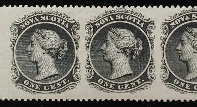 Nova Scotia #8 F/VF Mint 1860/63 1c Black Perf by Imperf Strip (3)