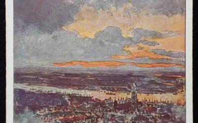 Zeppelin Over Antwerp Unused Artist-signed 1914 colour Postcard