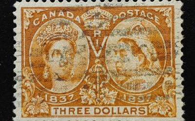 Canada #63 F/VF roller Used 1897 $3 Jubilee, German b/s