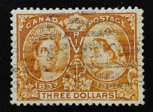 Canada #63 F/VF roller Used 1897 $3 Jubilee, German b/s