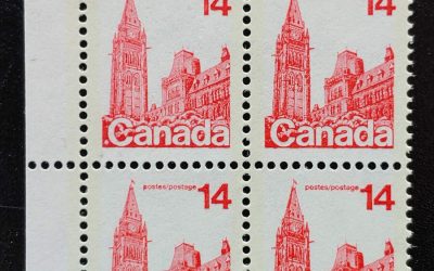 Canada #715a VFNH 1978 14c Printed on Gum Side UR Block