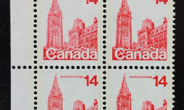 Canada #715a VFNH 1978 14c Printed on Gum Side UR Block