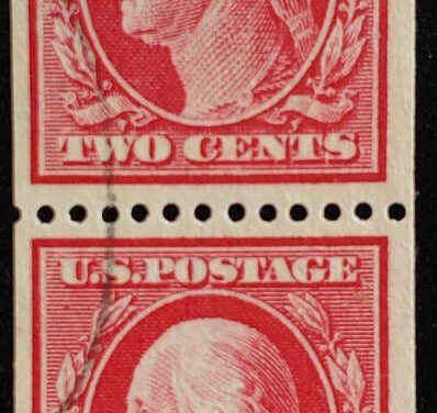 U.S.A. #386 F/VF Used 1910 2c Carmine Vertical Coil Pair