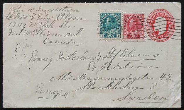 Canada #104, 106 3c uprated 20 Mar 1913 2c Postal Stationery to Sweden