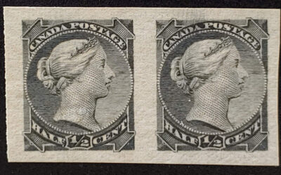 Canada #34a VF 1 Never Hinged Mint 1882 1/2c Imperforate Pair