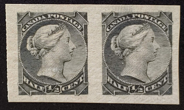 Canada #34a VF 1 Never Hinged Mint 1882 1/2c Imperforate Pair