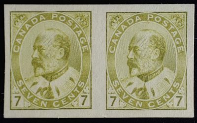 Canada #92a VF Unu 1903 7c Imperforate Pair issued w/o gum