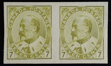 Canada #92a VF Unu 1903 7c Imperforate Pair issued w/o gum