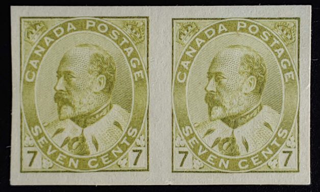 Canada #92a VF Unu 1903 7c Imperforate Pair issued w/o gum