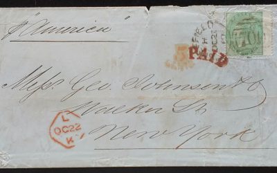 G.B. #28 21 Oct 1859 1/- Sheffield/New York Transatlantic FLS