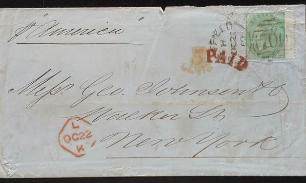 G.B. #28 21 Oct 1859 1/- Sheffield/New York Transatlantic FLS