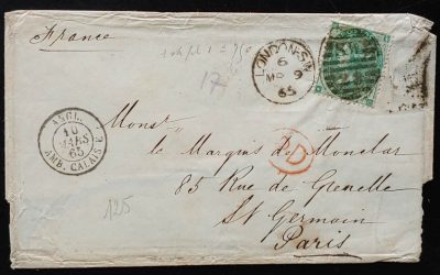 G.B. #42a 9 Mar 1865 1/- London/Calais Cover