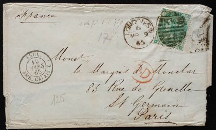 G.B. #42a 9 Mar 1865 1/- London/Calais Cover