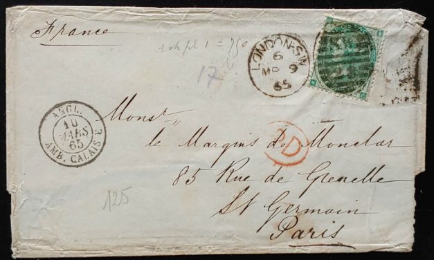 G.B. #42a 9 Mar 1865 1/- London/Calais Cover