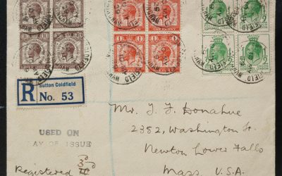 G.B. #205-7 10 May 1929 12d Registered PUC Block FDC to U.S. (12)