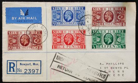 G.B. #226-9 7 May 1935 7d returned Registered Jubilee FDC to Greece