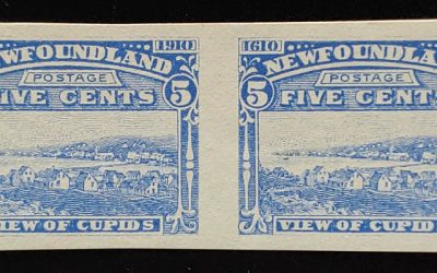 Newfoundland #91P VFNH 1910 5c Blue Plate Proof Pair, gum spot