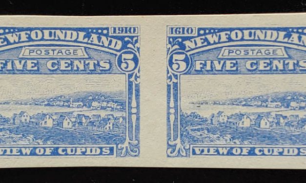 Newfoundland #91P VFNH 1910 5c Blue Plate Proof Pair, gum spot