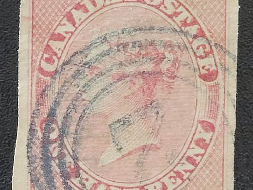 Canada #8 F/VF Used 1857 1/2d Rose Belleville Blue 4-ring cancel