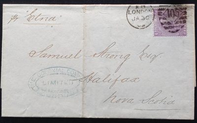 G.B. #45 30 Jan 1869 6d Plate 6 Transatlantic FLS to Nova Scotia