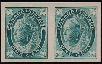 Canada #67i VF Unu 1897 1c QV Leaf Imperf Pair