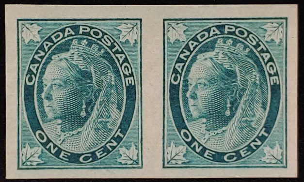 Canada #67i VF Unu 1897 1c QV Leaf Imperf Pair