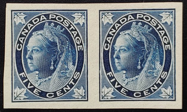 Canada #70a VF Mint 1897 5c QV Leaf Imperforate Pair