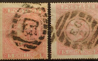 G.B. #57 Used 1867 5/- Plates 1 and 2 duo