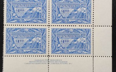 Canada #302 VFNH 1951 LR Plate 1 $1 Fish Block (4)