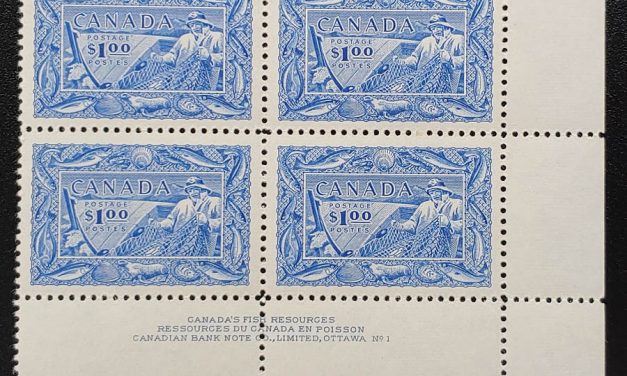 Canada #302 VFNH 1951 LR Plate 1 $1 Fish Block (4)