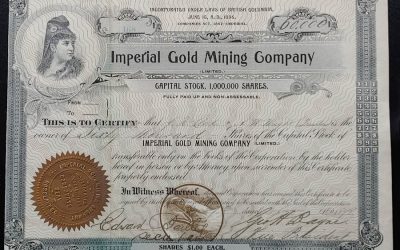 Imperial Gold Mining Co. 1898 Rossland, B.C. Share Certificate
