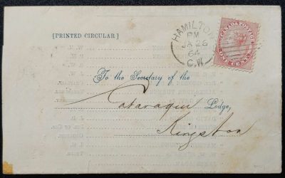 Canada #14 26 Jan 1864 1c Hamilton/Kingston Lodge Circular