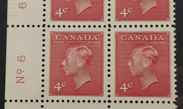 Canada #287 VFNH LL 1949 4c George VI Cracked Plate 6 Blk (4)