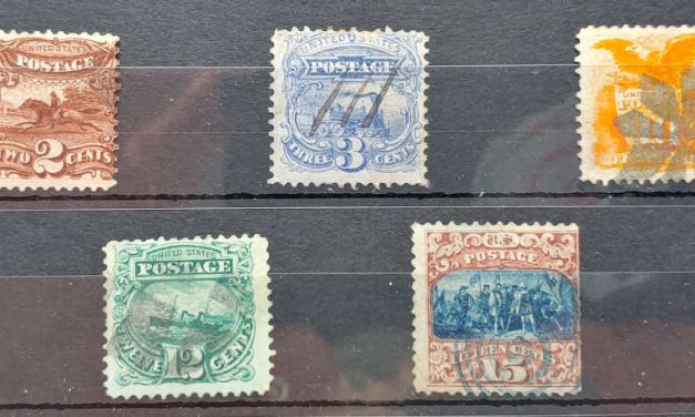 U.S.A. #113/119 Used 1869 quintet, 15c straight edge