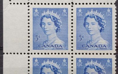 Canada #329 VFNH UL 1953 5c Karsh foldover Misperf Plate Block (4)