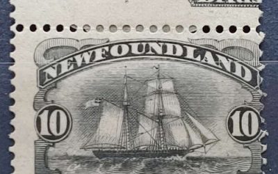 Newfoundland #59 Fine Mint 1897 10c Schooner w/ part inscription