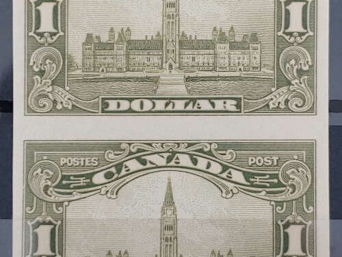 Canada #159a VF one NH 1929 $1 Parliament Imperf Pair